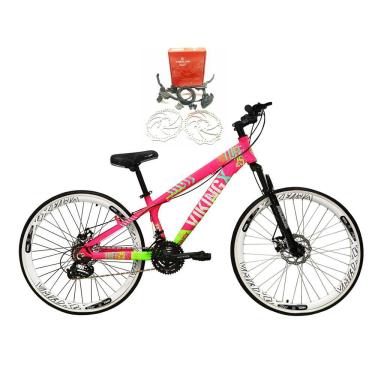Imagem de Bicicleta Aro 26 Vikingx Tuff 21v Alumínio Freio Hidráulico a Disco Aros Vmaxx Branco - Rosa/Verde