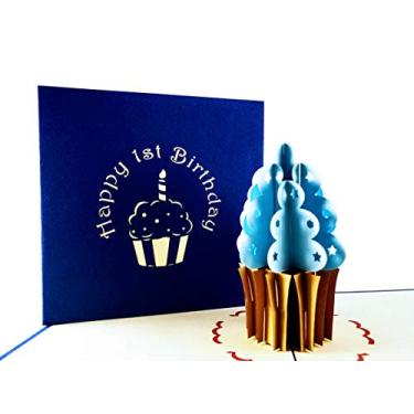 Imagem de iGifts And Cards Cartão de felicitações 3D Pop Up Cupcake Happy First Birthday - Happy One Year Old, 1st Bday Bolo, Enorme, Único, Incrível, Especial, Bonito, Azul