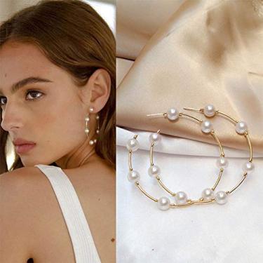 Imagem de Aimimier Brincos de argola de pérola para noivas, vintage, grandes, redondos, casamentos, formaturas, festas, festivais, joias para mulheres e meninas