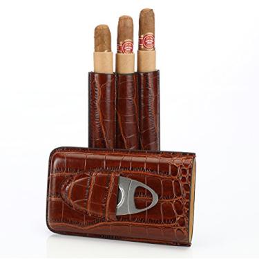 Imagem de Porta-cigarros de couro marrom para 3 charutos com conjunto de cortador – Tamanho perfeito para bolsos de camisa, carrinho de golfe ou viagem
