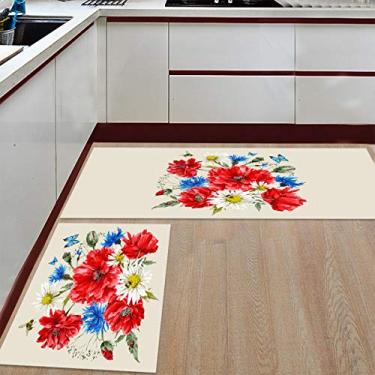 Imagem de Tapete de corredor de cozinha, vermelho azul flor borboleta aquarela estampa floral antiderrapante tapete de corredor tapete de porta tapete para lavanderia quarto banheiro conjunto de 2