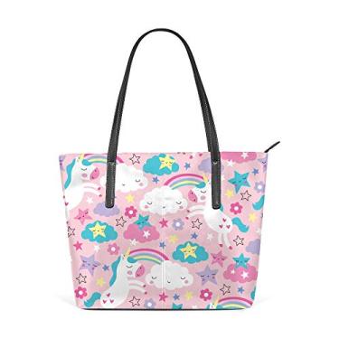 Imagem de Bolsa de ombro feminina sacola de couro para compras grande trabalho sem costura rosa unicórnio decoração bolsas bolsa casual
