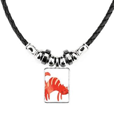 Imagem de DIYthinker Colar vermelho sorrindo para aquarela animal gato gordo colar joia torque corda de couro pingente