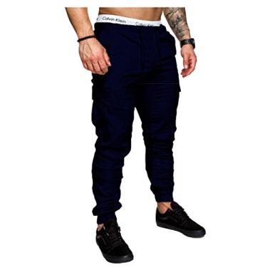 Imagem de Bestgift masculino tecido apertado tecido normal cintura calça cargo L azul marinho