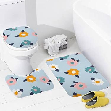 Imagem de Conjunto de tapetes de banheiro 3 peças coloridas de flores silvestres tapete de banheiro lavável antiderrapante tapete de contorno e tampa para banheiro
