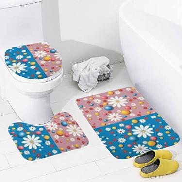 Imagem de Conjunto de 3 peças de tapetes de banheiro com flores diasy e pequenas bolas, tapete de banheiro lavável antiderrapante, tapete de contorno e tampa para banheiro