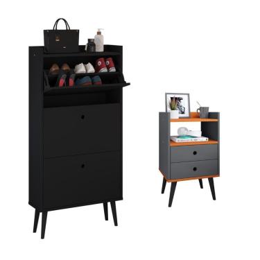Imagem de Kit Quarto Sapateira Vertical 3 Gavetas Basculantes Dark Preto e Mesinha Lateral Pequena Nicho Organizador Dream Cinza/Cinamomo – RPM