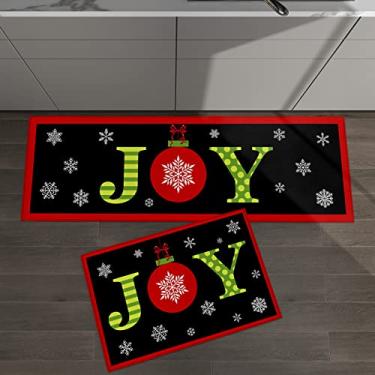 Imagem de Conjunto de 2 tapetes de cozinha Joy Christmas Ball Floco de neve de Natal Verde Vermelho Preto para Tapetes e Tapetes Acolchoados Antiderrapante Antiderrapante Tapete de Pé Confortável