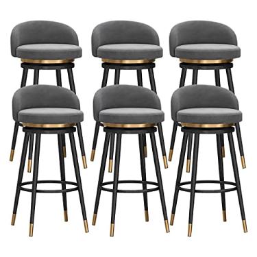 Imagem de Cadeiras de jantar cadeiras de sala de jantar banqueta de bar giratória com encosto, banqueta de altura de balcão cadeira de bar estofada de veludo cinza com moldura de metal preto para cozinha ilha sala de jantar pátio tudo está bem