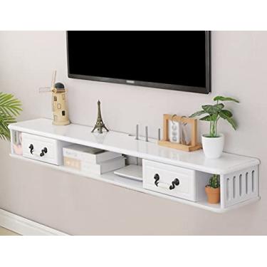 Imagem de StrOux Armário flutuante para TV, projetores e consoles de jogos, armários de TV montados na parede de madeira com duas gavetas, adequado para sala de estar Hello