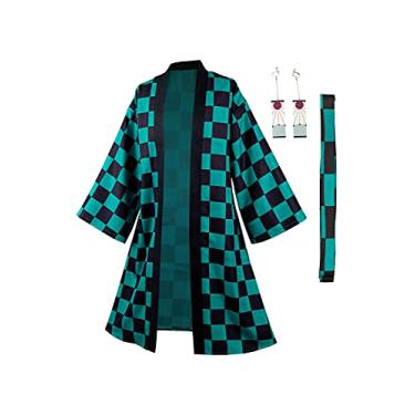 Imagem de Duwseal Green Plaid Robe Adult Cloak Cosplay Costume Color Block Cardigan Jacket Earrings Set (Kamado Tanjirou, Medium)