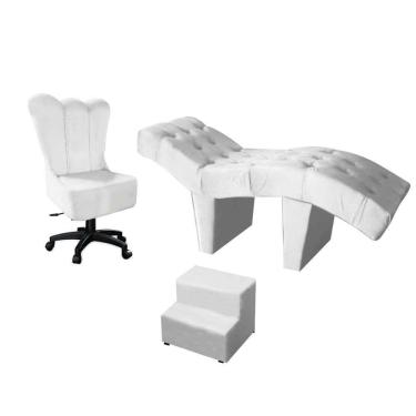 Imagem de Kit Maca Estética 60cm Com Cadeira Mocho Giratória E Escadinha Corino Branco - D House Decor
