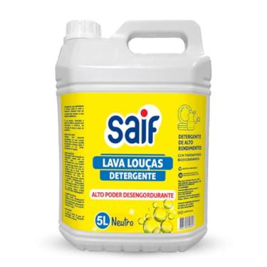Imagem de Detergente Lava Louças Concentrado Neutro Saif 5L, Saif, Detergente Líquido Concentrado Lava-Louças, Amarelo, Contém Tensoativo Biodegradável, Alto Poder Desengordurante, Linha Institucional 5 Litros