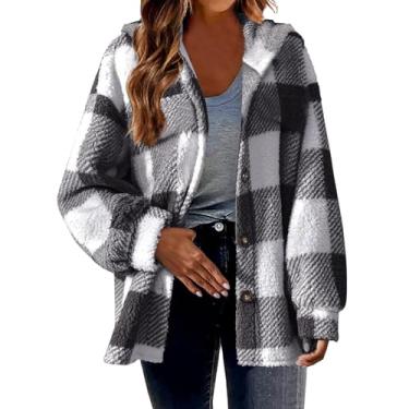 Imagem de Casaco feminino xadrez felpudo casual lapela manga longa botão casaco feminino inverno quente grosso aconchegante jaqueta de lã sherpa, 02#cinza, M