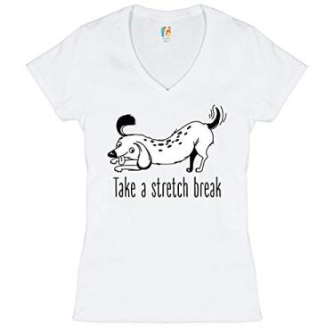 Imagem de Camiseta feminina com gola V Take a Stretch Break, amante de cães, dona de animais de estimação, Branco, G