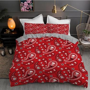 Imagem de Jogo de cama com estampa criativa California King, capa de edredom vermelha, 3 peças, microfibra macia texturizada, 264 x 248 cm e 2 fronhas, com fecho de zíper e laços
