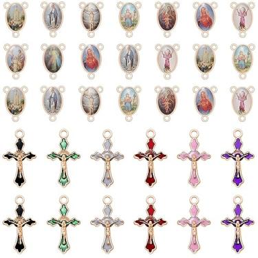 Imagem de 36 peças/18 conjuntos de cruz do terço e centro medalha milagrosa imagem Jesus esmalte Nossa Senhora crucifixo pingentes lustre elos para fazer joias católicas faça você mesmo colar pulseiras, Zinco