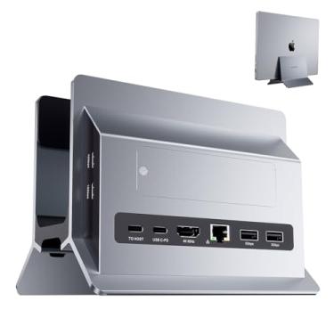 Imagem de PULWTOP Estação de Ancoragem Vertical para MacBook, Mac Mini e MacBook Pro/Air, 4K a 60Hz HDMI, 2 USB C 10Gbps, SD/TF, 100W PD, RJ45, 2 USB A, Prata