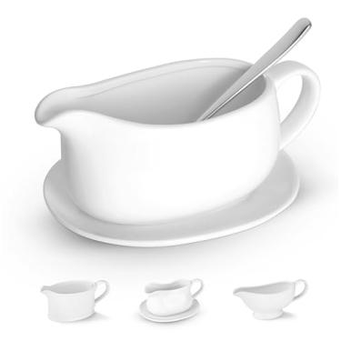 Imagem de Kook Molheira e pires, prato de cerâmica para servir, dispensador com bandeja para molhos, molhos e creme, alça grande, segura para micro-ondas e lava-louças, branco (molheira com colher)