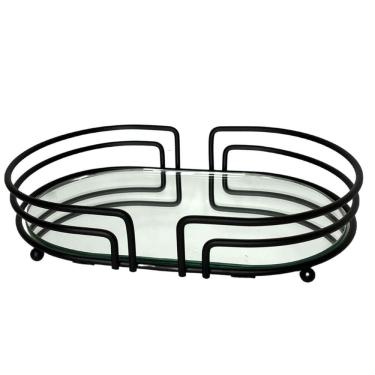 Imagem de Bandeja Espelhada Oval Decorativa 27x17cm Banheiro Aparador Preto Fosco Lavabo Genovia