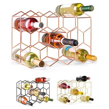 Imagem de Gusto Nostro Prateleira de vinho de bancada - Suporte de vinho de metal moderno independente de 14 garrafas - Suporte de vinho de mesa de 3 níveis para armário, armazenamento de garrafas de vinho despensa - Não é necessário montagem (pequeno, ouro rosa)