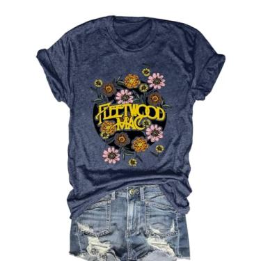 Imagem de Camiseta feminina de banda de rock, vintage, música country, roupa de concerto de flores, blusa de manga curta para férias, Azul-escuro, XG