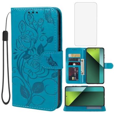 Imagem de Vavies Capa para Redmi Note 13 Pro 5G, capa carteira Poco X6 5G com protetor de tela de vidro temperado, flor de couro flip suporte para cartão de crédito para Xiaomi Redmi Note 13 Pro 5G azul