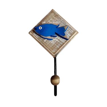 Imagem de Cabideiro Rústico Ferro E Madeira Peixes Cor Azul