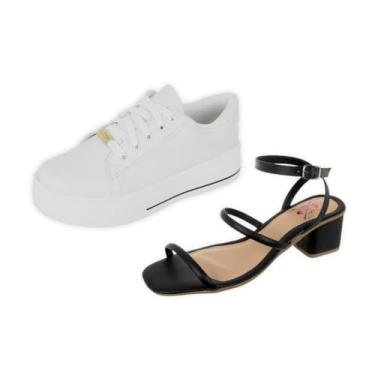 Imagem de Kit Tênis Feminino Branco Básico Fio Preto + Sandália Feminina Salto Bloco Baixo Casual Bellinda Shoes (Preto, BR, Adulto, Numérico, 34)
