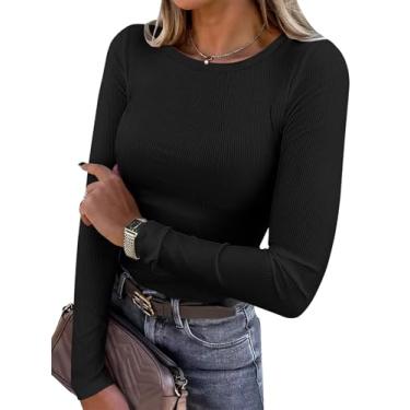 Imagem de ioiohahaun Camiseta feminina de manga comprida elástica gola redonda canelada casual básica, Preto, GG