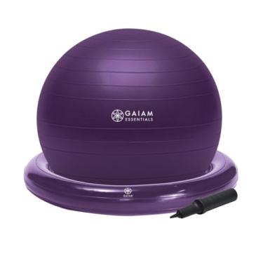 Imagem de Gaiam Kit de base e bola de equilíbrio Essentials, cadeira de bola de ioga de 65 cm, bola de exercício com base de anel inflável para casa ou mesa de escritório, inclui bomba de ar - roxo