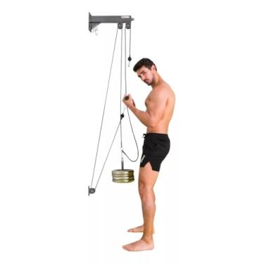 Imagem de Cross Over de Parede Mono Fixo para Musculação – Aparelho de Puxada Alta e Baixa com Cabo Aço, Barra de Exercícios e Suporte para Anilhas