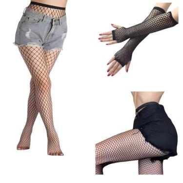 Imagem de Kit meia calça rede trama + luva arrastão longa - 2 peças - BJ, Preto,