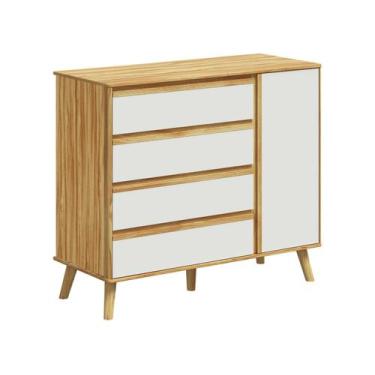 Imagem de Cômoda Retro Théo Moveis Peroba 04 gavetas 01 porta MDF, Amêndoa Off W