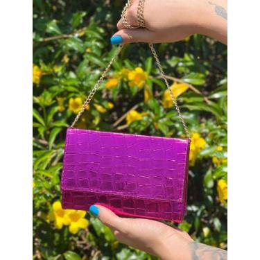 Imagem de Bolsa Festa Quadrada Croco Rosa Metalizado Tiracolo Elegante De Ombro 
