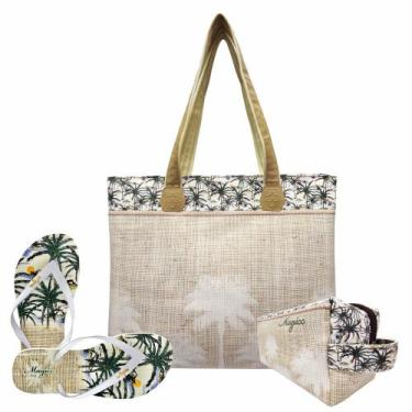 Imagem de Kit Feminino Tropical Coqueiros Palha com Bolsa, Necessaire e Chinelo,