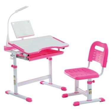 Imagem de Diroan Conjunto de mesa e cadeira para crianças, mesa de estudo escolar infantil ergonômica ajustável com altura inclinada, suporte para livros, luz LED, gancho de metal e gaveta de armazenamento para
