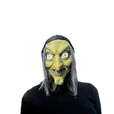 Imagem de EvilCos Old Witch Evil Mask Woman Halloween Latex Green Creepy Scary Horror Face Evil Mask with Hair Cosplay Costume Party Props
