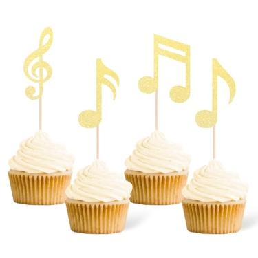 Imagem de Gexolenu 36 peças de notas musicais topos de cupcake dourado glitter símbolo musical palhetas de cupcake para decoração de festa tema de concerto de música rock chá de bebê casamento aniversário