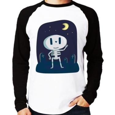 Imagem de Camiseta Raglan Esqueleto Manga Longa - Foca na Moda, Branco, Preto, G