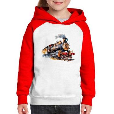 Imagem de Moletom Infantil Trem Watercolor - Foca na Moda, Branco, Vermelho, 8