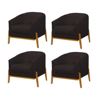 Imagem de Kit 4 Poltronas Living Base em Madeira Maciça Flórida Linho Marrom Esc