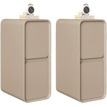 Imagem de Mesa de cabeceira estreita, mesa de cabeceira com 2 gavetas, mesa de canto de madeira para economizar espaço, suporte de cabeceira com acabamento de couro para quarto e sala de estar, cáqui 2 peças,