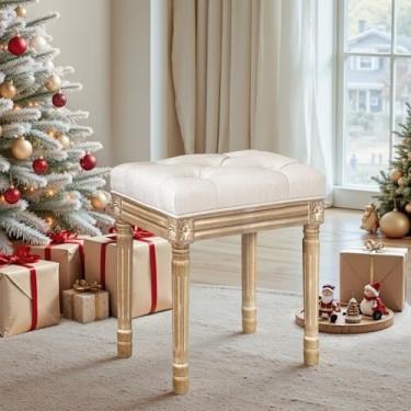 Imagem de COSTASKF Banco estofado de tecido, bancos de maquiagem para penteadeira, banquinho de espuma viscoelástica de 45,7 cm, banco otomano tufado retangular com pernas de cor de madeira esculpida para