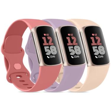 Imagem de Pacote com 3 pulseiras esportivas para Fitbit Charge 6/Charge 5 para Fitbit Charge 6/Charge 5 (vermelho-coral + violeta + pêssego, P)
