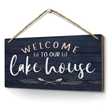 Imagem de Heuhuww Placa de Decoração para Casa No Lago 6"X12"- Bem-Vindo À Nossa Casa No Lago, Decoração de Parede com Tema de Vida No Lago, Placas Penduradas para Sala de Estar No Lago, Dec (Pequeno, Azul)