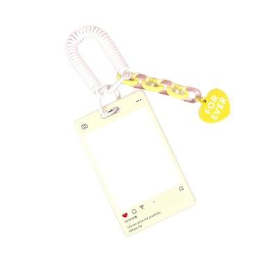 Imagem de JINZHOUFZ Suporte de cartão de foto de ídolo Kpop de acrílico transparente para mulheres, meninas, fofo, coração, identidade, cartão de crédito, capa protetora com pingente chaveiro (amarelo)