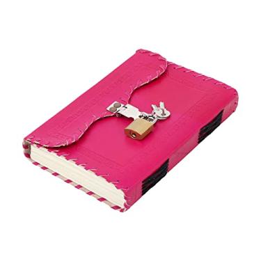 Imagem de Craftezo Diário de couro com cadeado e chave, bloco de escrita, bloco de notas em branco, feito à mão, papel sem forro, melhor presente de arte, caderno de esboços, diário de viagem para escrever livro das sombras (pauta rosa)