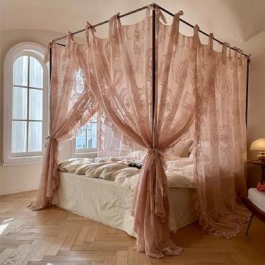 Imagem de SCMTYWCQ Elegante Renda Princesa 4 Postes de Canto Mosquiteiro Romântico para Meninas Mulheres Cama Cortina Dossel para Adultos Casamento Quarto Crianças Decoração (Jade-2, Queen)