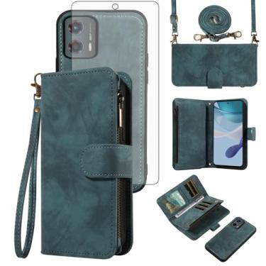 Imagem de Asuwish Capa de celular para Motorola Moto G 5G 2023 com zíper carteira magnética com protetor de tela de vidro temperado, alça de pulso transversal flip porta-cartão de crédito slot para bolsa G5G G5